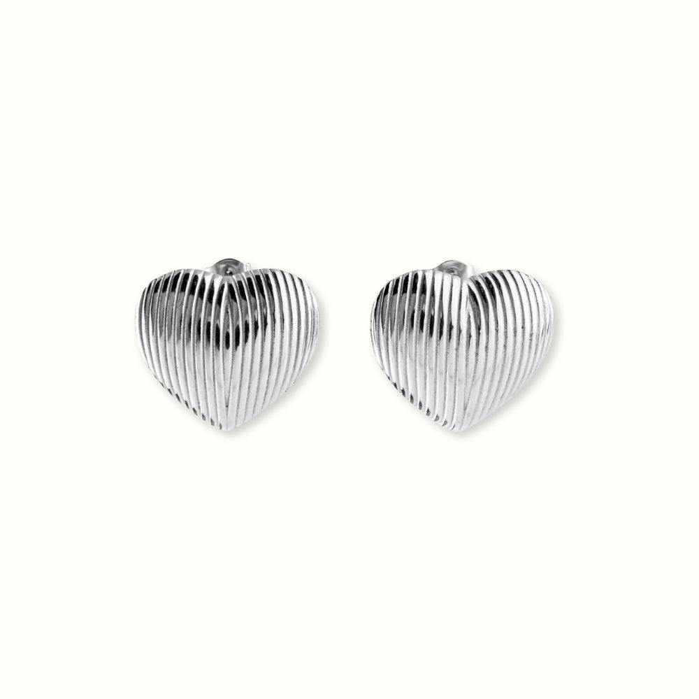 Σκουλαρίκια Καρφωτά Vintage Ribbed Hearts Ασημί - Image 2