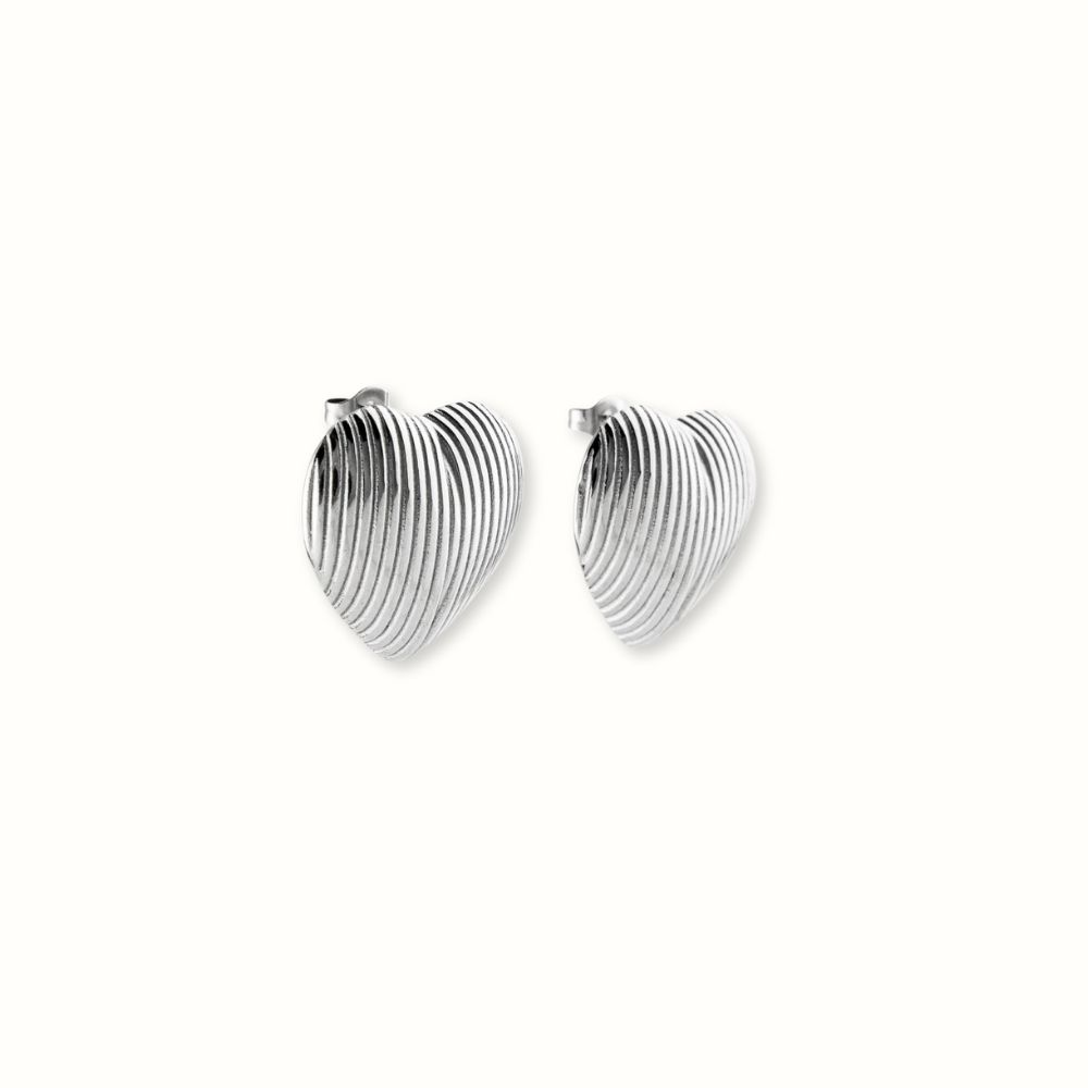 Σκουλαρίκια Καρφωτά Vintage Ribbed Hearts Ασημί